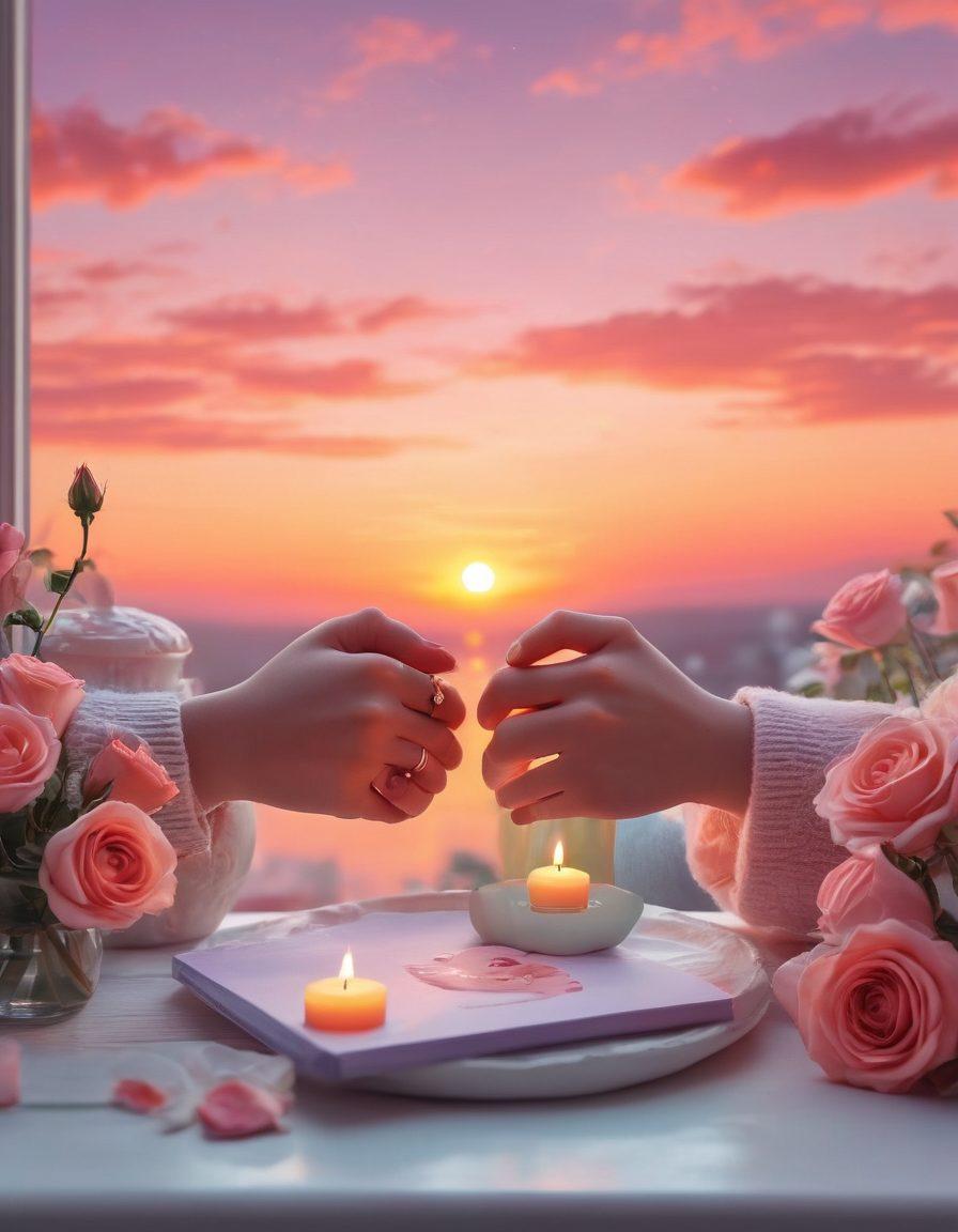 A beautifully arranged desktop scene featuring soft pastel colors and romantic elements like heart-shaped icons, a dreamy wallpaper of a sunset over a couple holding hands, and elegant, cozy accessories like a scented candle and a small vase of roses. The atmosphere should emanate warmth and intimacy, inviting users to create their own love haven. super-realistic. vibrant colors. cozy aesthetic.