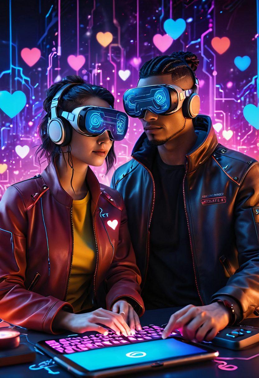 A futuristic couple using advanced personalization tools on digital devices, surrounded by glowing hearts and vibrant data streams symbolizing emotional connections. The background features warm colors blending into tech motifs like circuits and codes, creating a cozy yet high-tech vibe. Include props like VR headsets and interactive touchscreens. super-realistic. vibrant colors. cyberpunk.