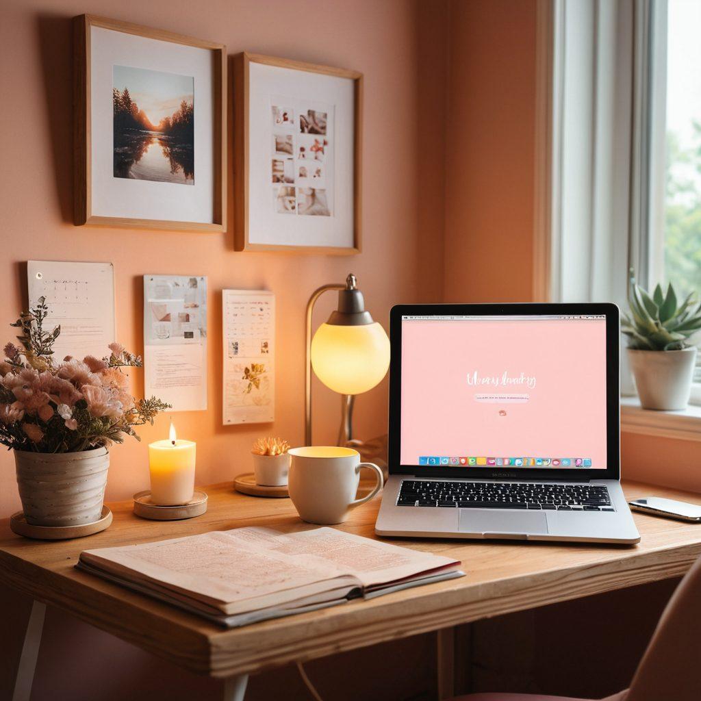 A cozy desktop scene showcasing a personalized workspace, featuring warm lighting, soft textures, and emotional decorations like framed photos and loving messages. Include a glowing heart-shaped lamp, customized desktop widgets displaying affection, and a steaming mug of coffee. The background should evoke feelings of comfort and intimacy, designed to appear inviting and user-friendly. pastel colors. soft focus. warm glow.